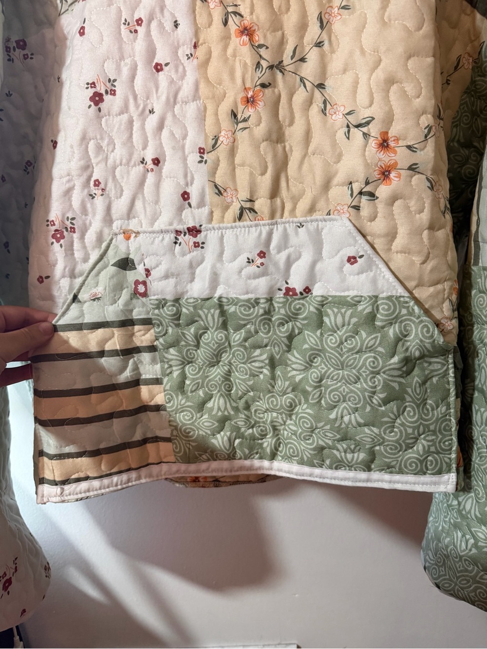 (SOLD) Quilted Patchwork Hooded Sweatshirt in Sage & Cream - Picture 4 of 4